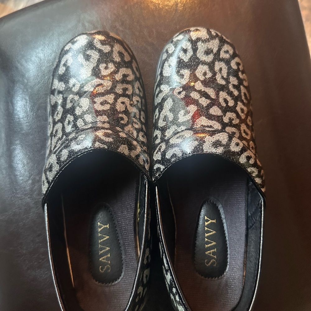 Savvy Black and Gray Mules with Leopard Print